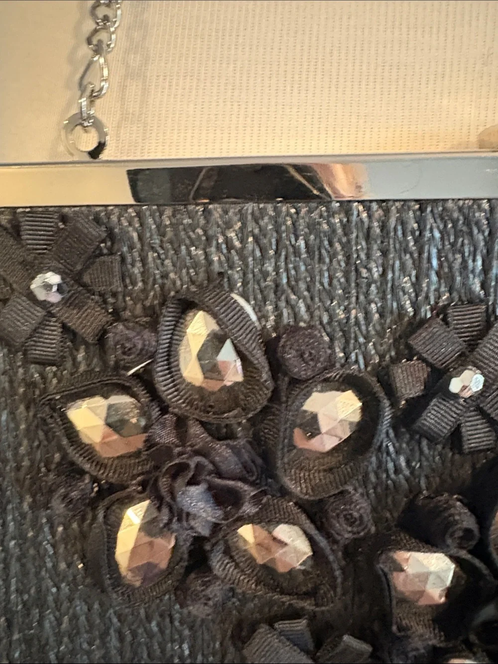 White House Black Market Black Embellished Evening Clutch with Silver Chain